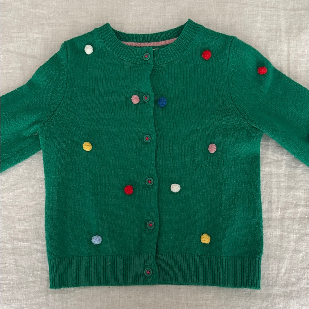 Mini Boden Green Sweater with Colorful Pom-Poms